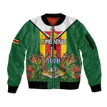 Personalised Zimbabwe Independence Day Sleeve Zip Bomber Jacket Coat Of Arms Fire Lilies