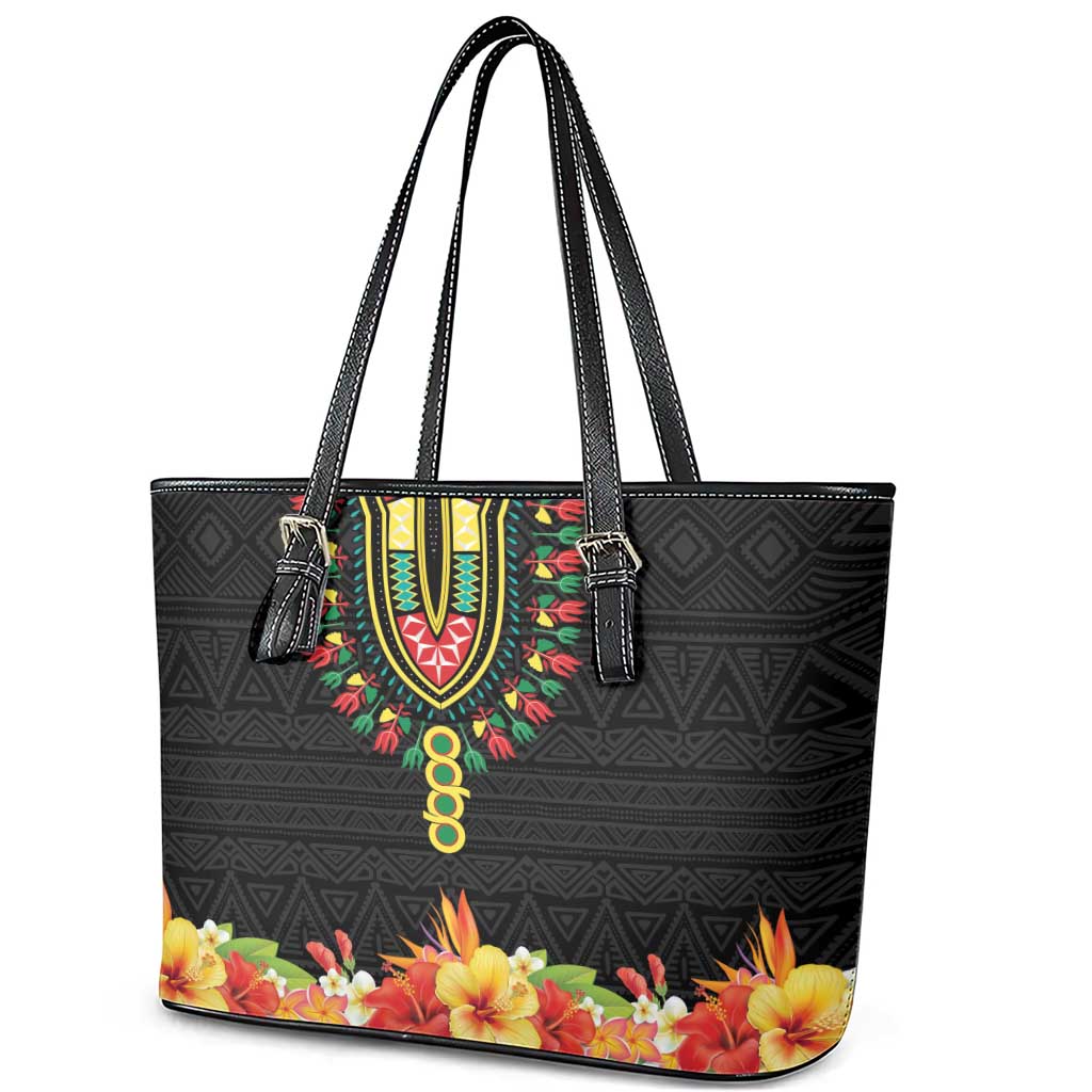 Personalized Afro Hibiscus Tropical Leather Tote Bag Dashiki African Pattern - African Pride