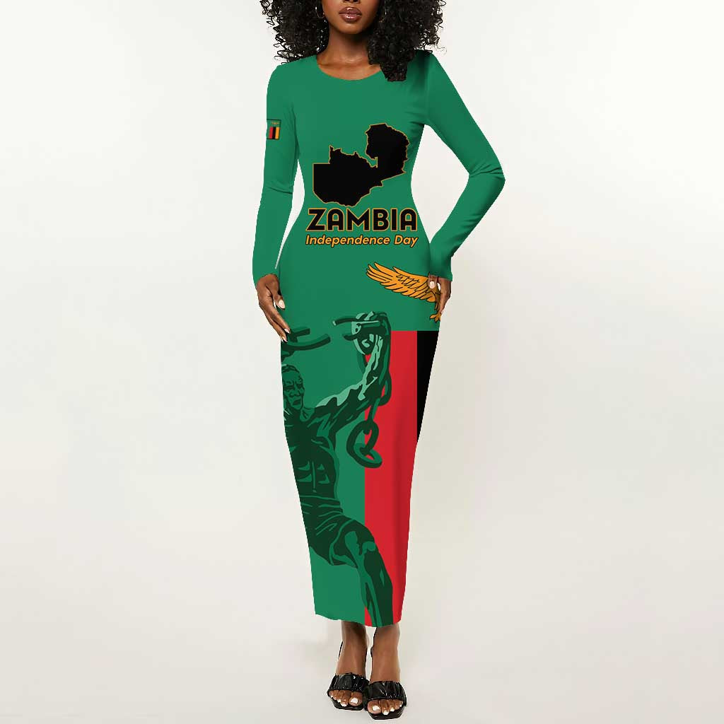 Zambia Independence Day Personalized Long Sleeve Bodycon Dress Statue of Freedom - African Pride