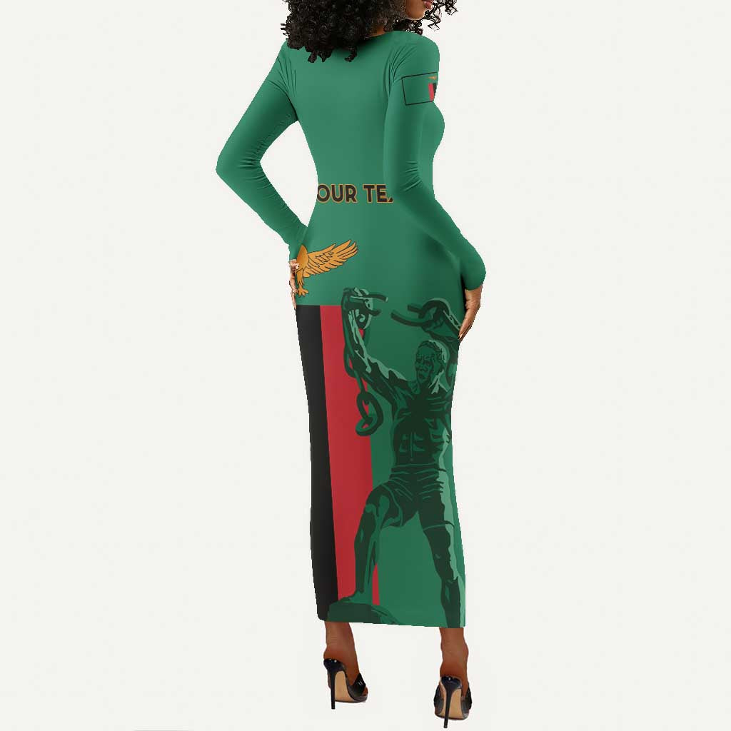 Zambia Independence Day Personalized Long Sleeve Bodycon Dress Statue of Freedom - African Pride