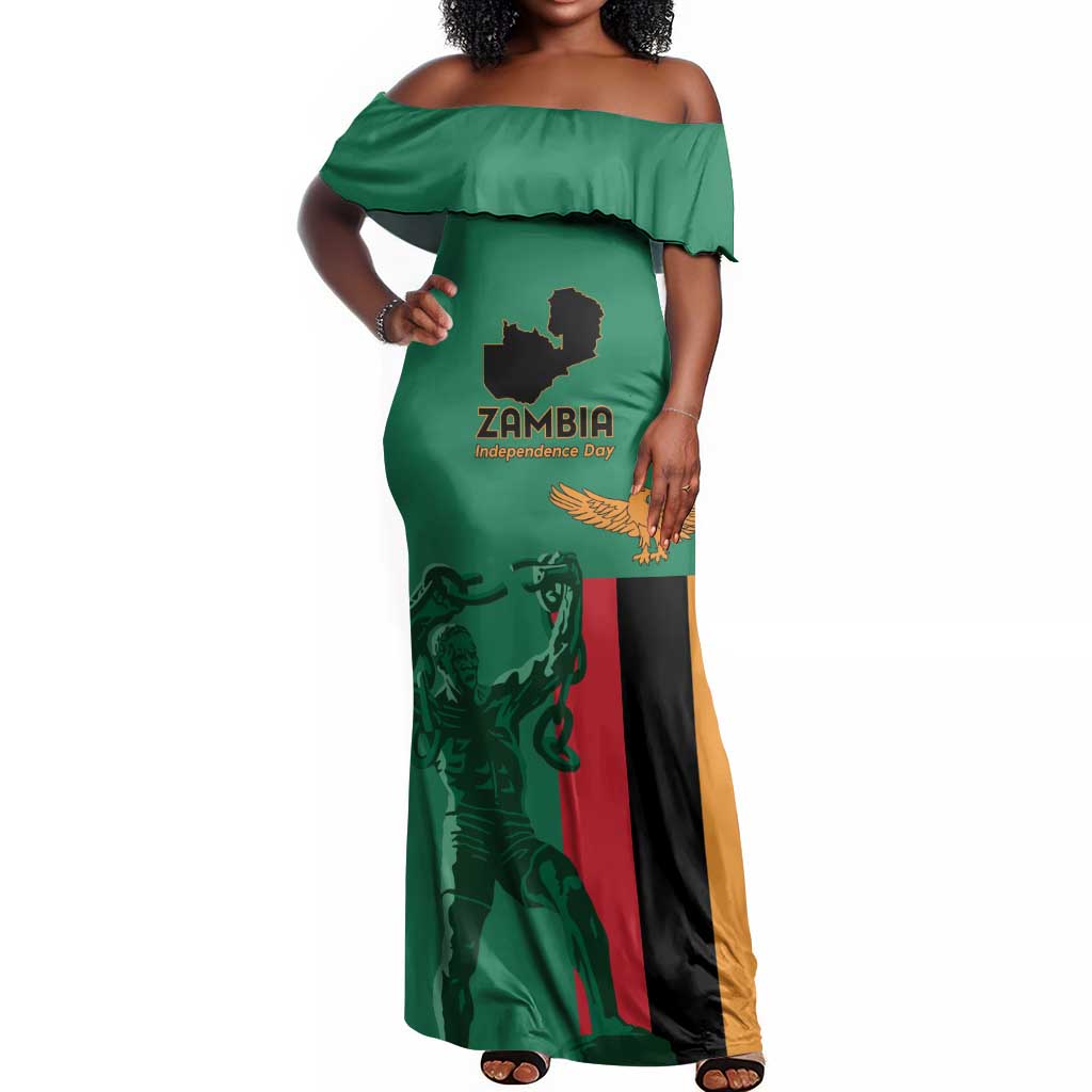 Zambia Independence Day Personalized Off Shoulder Maxi Dress Statue of Freedom - African Pride
