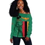 Zambia Independence Day Personalized Off Shoulder Sweater Statue of Freedom - African Pride