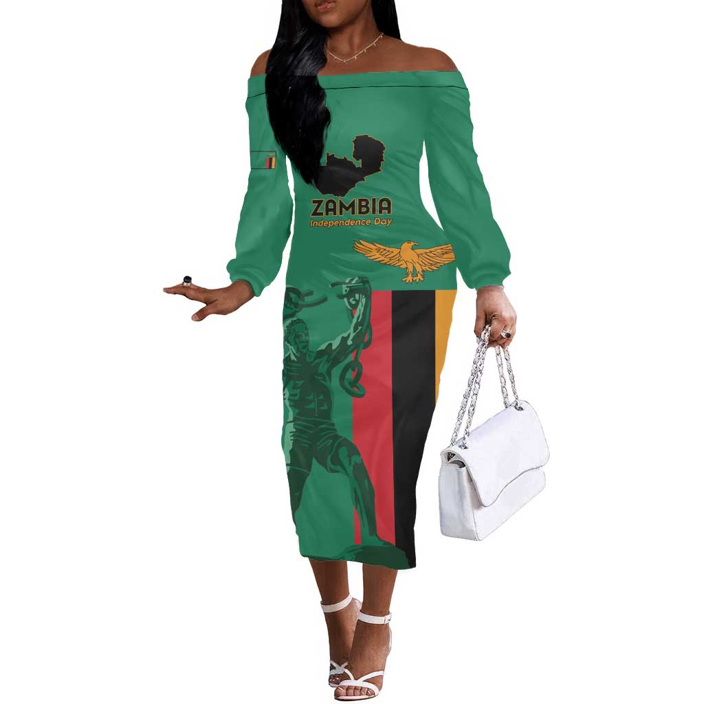 Zambia Independence Day Personalized Off The Shoulder Long Sleeve Dress Statue of Freedom - African Pride