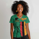 Zambia Independence Day Personalized Women V-Neck T-Shirt Statue of Freedom - African Pride