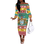 Afro Guyana Christmas Off The Shoulder Long Sleeve Dress Mix Coat Of Arms