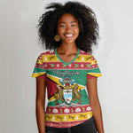 Afro Guyana Christmas Women V-Neck T-Shirt Mix Coat Of Arms