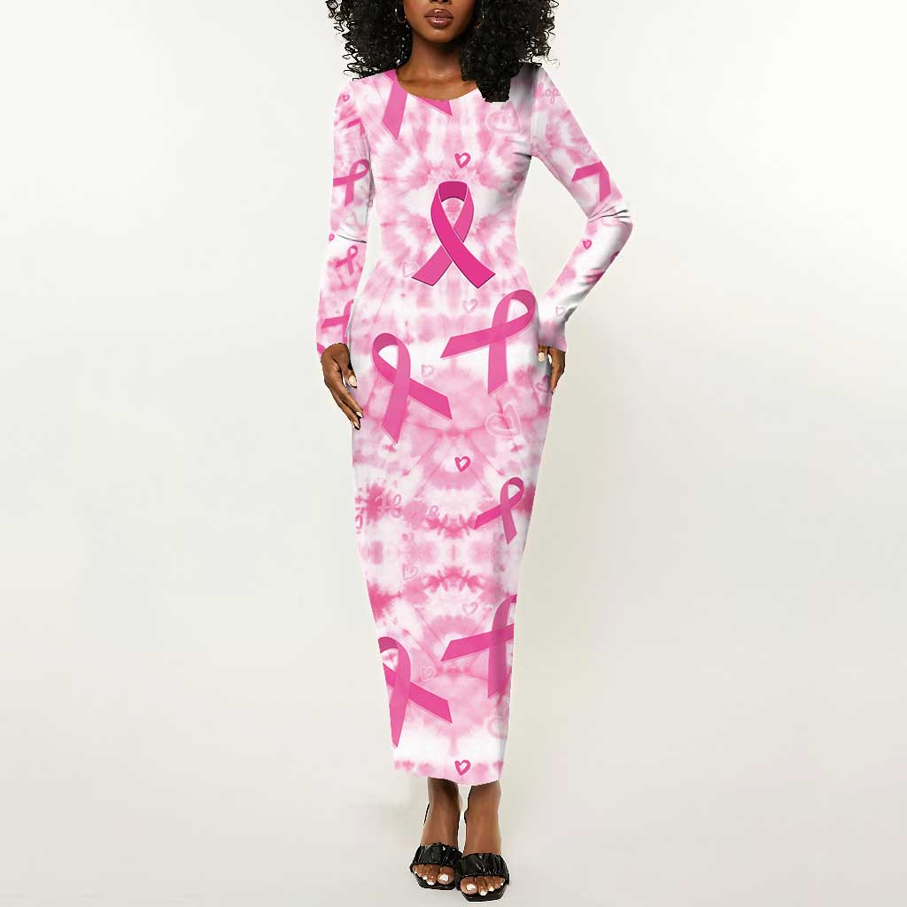 Pink Ribbon With Tie Dye Long Sleeve Bodycon Dress Breast Cancer Awareness - African Pride