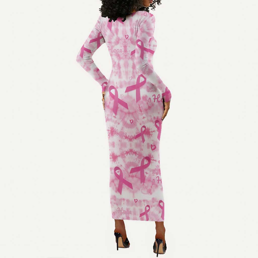 Pink Ribbon With Tie Dye Long Sleeve Bodycon Dress Breast Cancer Awareness - African Pride