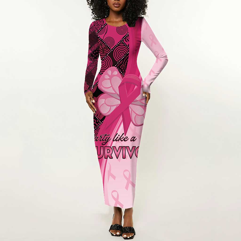 Breast Cancer Awareness Long Sleeve Bodycon Dress Think Pink - African Pattern - African Pride