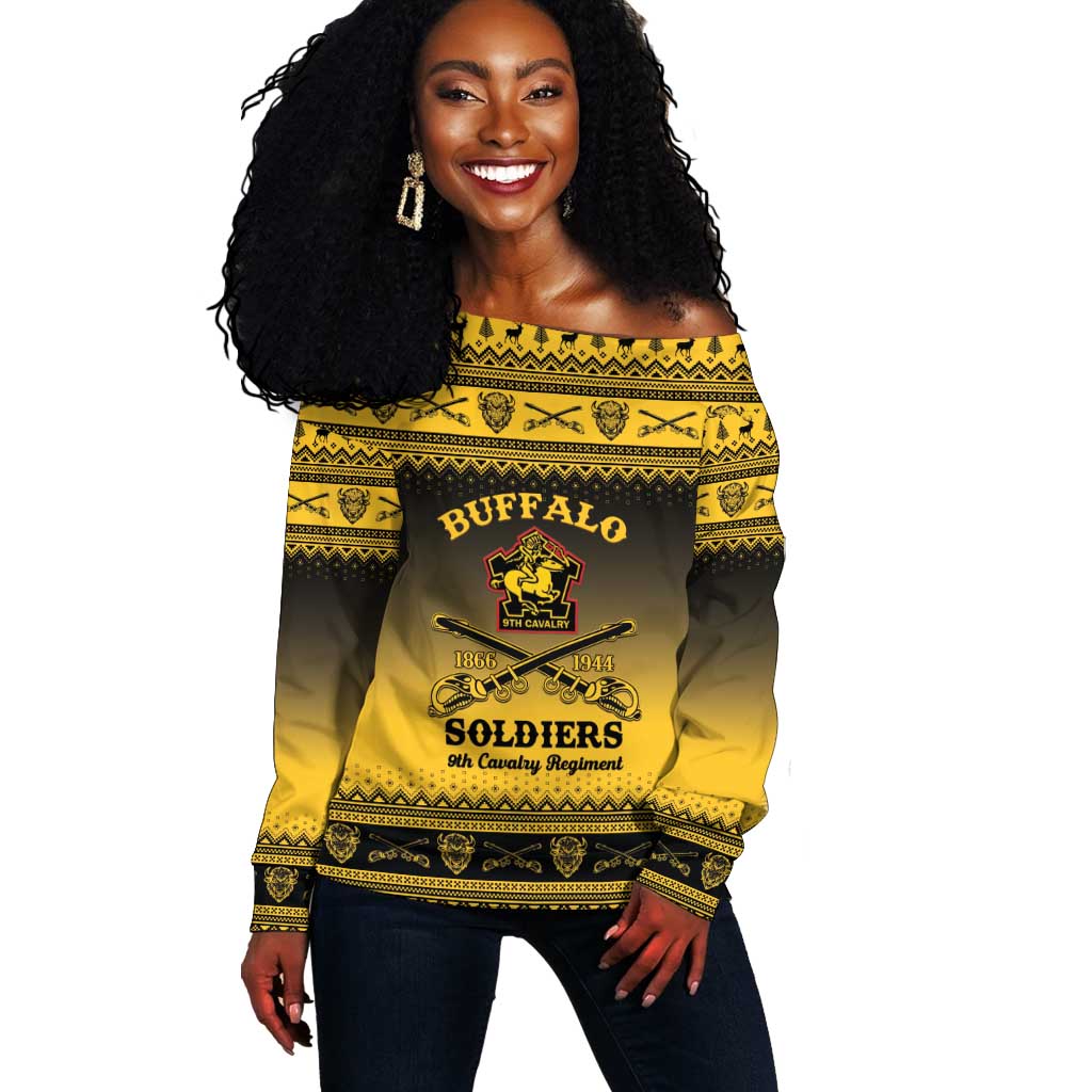 Afro Christmas Buffalo Soldiers Off Shoulder Sweater 9th Cavalry Regiment - African Pride