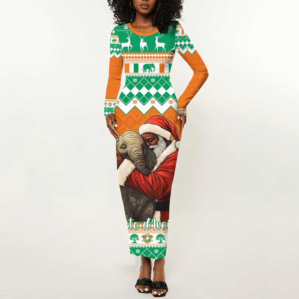 Afro Ivory Coast Christmas Long Sleeve Bodycon Dress Black Santa Afishapa - African Pattern LT15