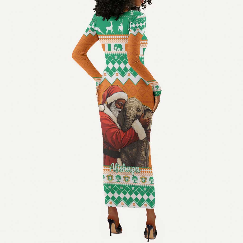 Afro Ivory Coast Christmas Long Sleeve Bodycon Dress Black Santa Afishapa - African Pattern LT15