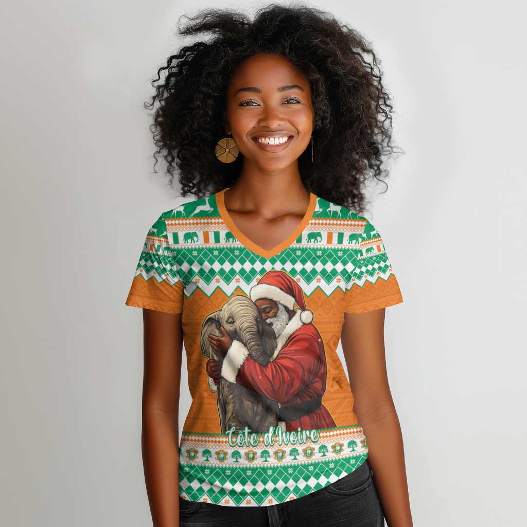 Afro Ivory Coast Christmas Women V-Neck T-Shirt Black Santa Afishapa - African Pattern
