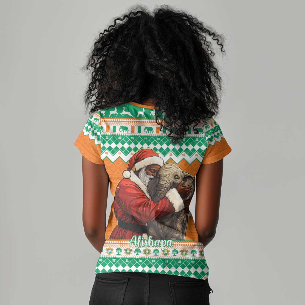 Afro Ivory Coast Christmas Women V-Neck T-Shirt Black Santa Afishapa - African Pattern