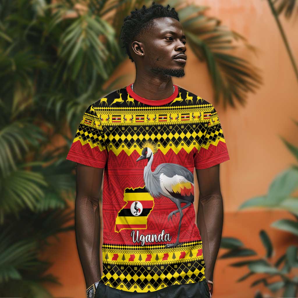 Afro Uganda Christmas T shirt Grey Crowned Crane Sekukkulu Ennugi