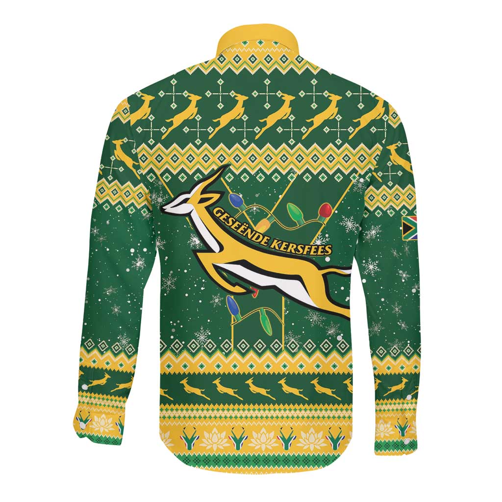 South Africa Christmas Rugby Long Sleeve Button Shirt Springboks Geseende Kersfees