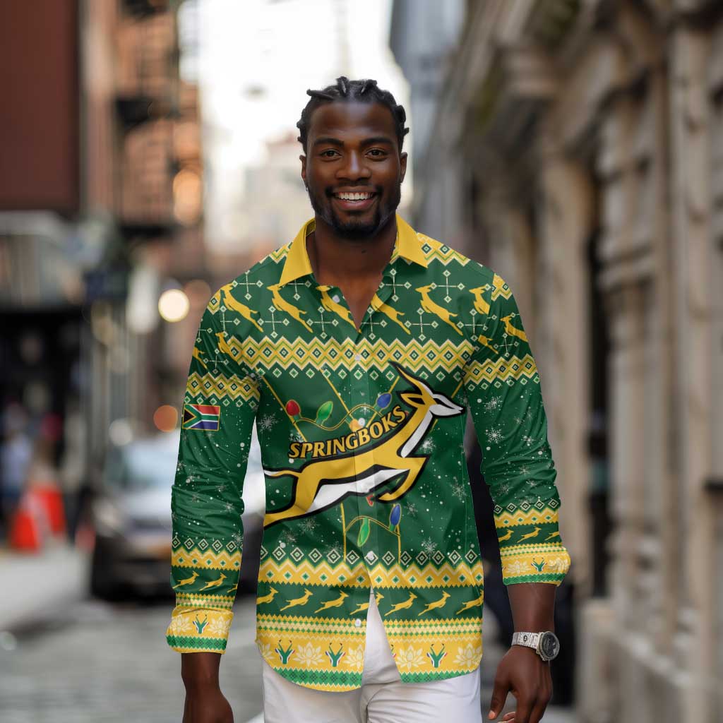 South Africa Christmas Rugby Long Sleeve Button Shirt Springboks Geseende Kersfees