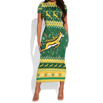 South Africa Christmas Rugby Short Sleeve Bodycon Dress Springboks Geseende Kersfees LT15