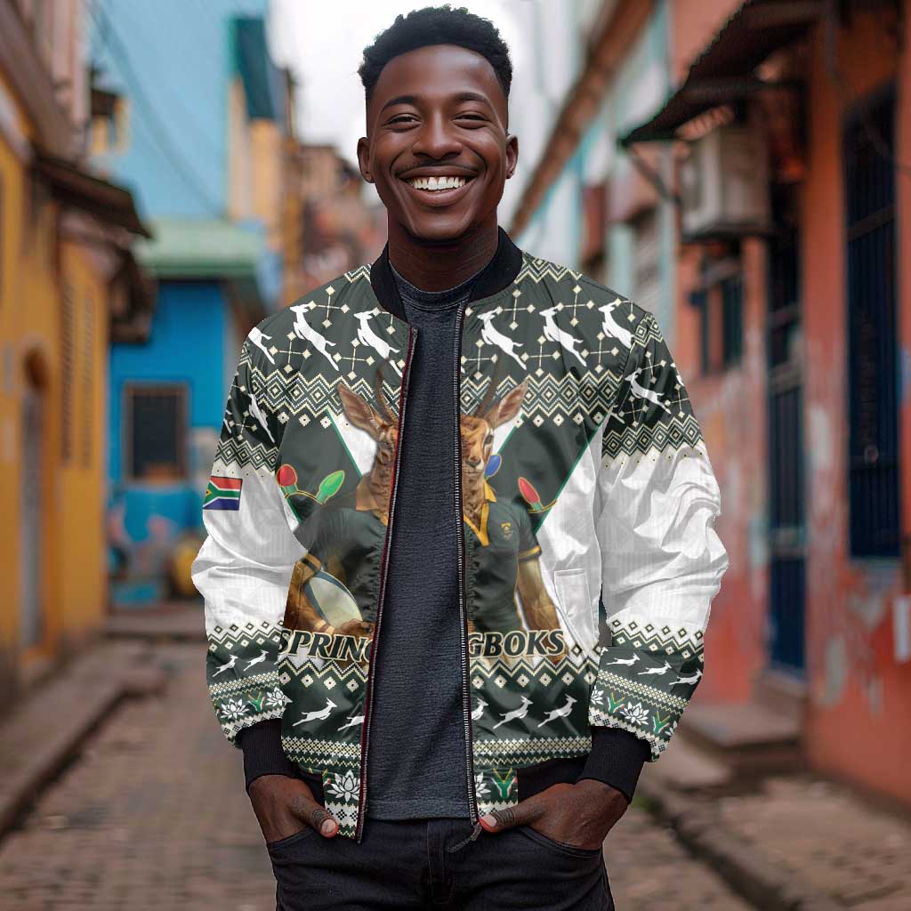 South Africa Christmas Rugby Bomber Jacket Springboks Mascot Mix African Pattern
