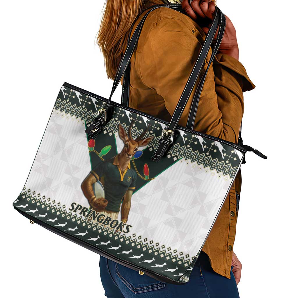 South Africa Christmas Rugby Leather Tote Bag Springboks Mascot Mix African Pattern