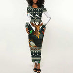 South Africa Christmas Rugby Long Sleeve Bodycon Dress Springboks Mascot Mix African Pattern LT15