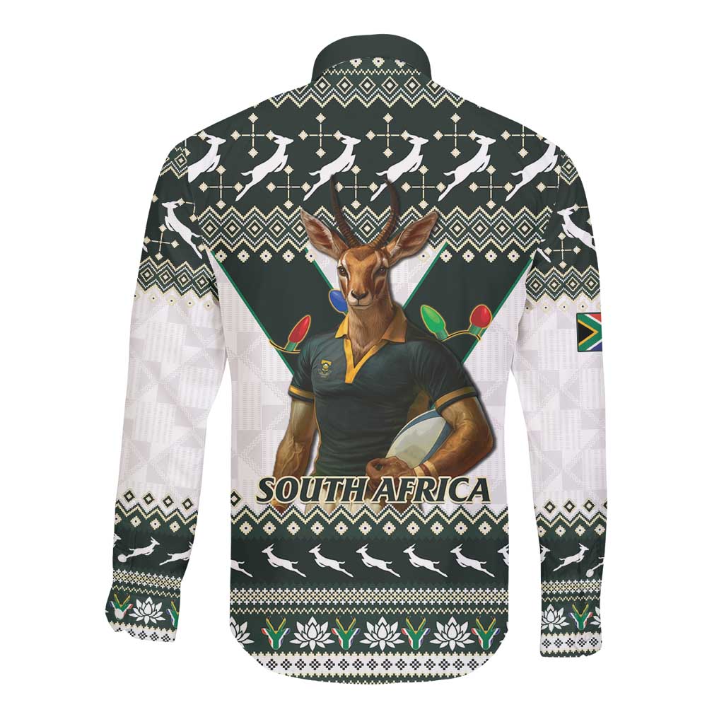 South Africa Christmas Rugby Long Sleeve Button Shirt Springboks Mascot Mix African Pattern