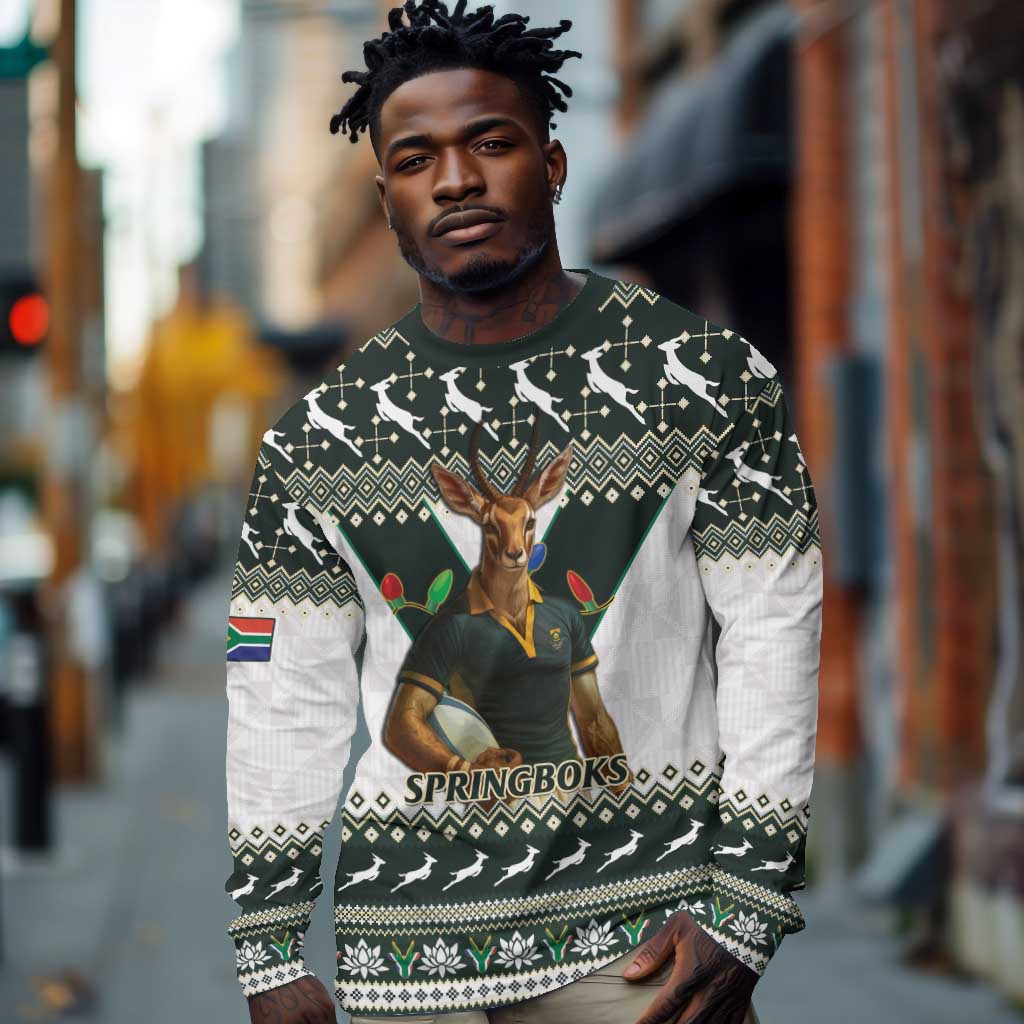 South Africa Christmas Rugby Long Sleeve Shirt Springboks Mascot Mix African Pattern LT15
