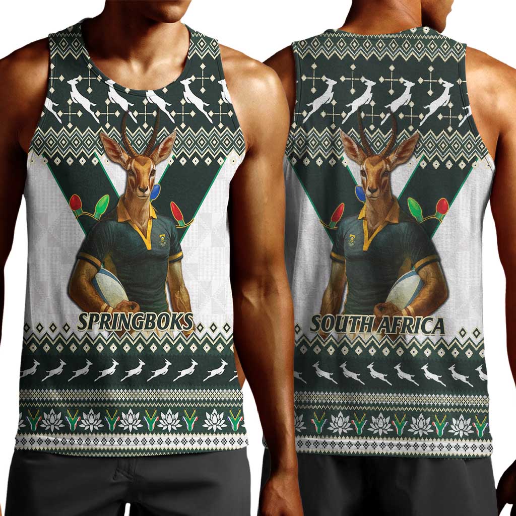 South Africa Christmas Rugby Men Tank Top Springboks Mascot Mix African Pattern