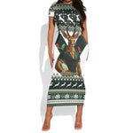 South Africa Christmas Rugby Short Sleeve Bodycon Dress Springboks Mascot Mix African Pattern LT15