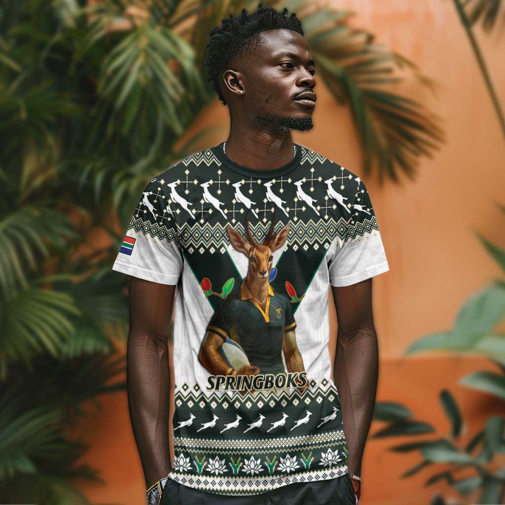 South Africa Christmas Rugby T shirt Springboks Mascot Mix African Pattern