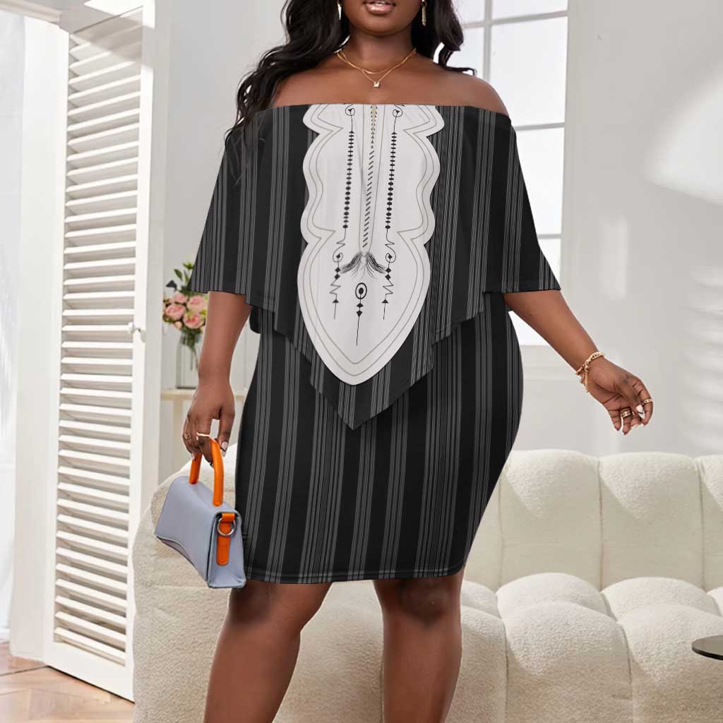 Liberia Kpelle Ethnic Heritage Pattern - Black Off Shoulder Short Dress - African Pride