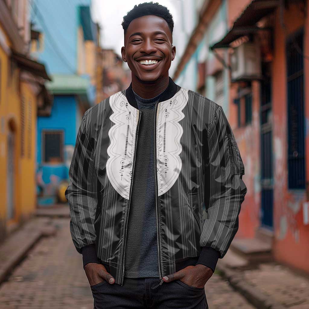Liberia Kpelle Ethnic Heritage Pattern - Black Sleeve Zip Bomber Jacket - African Pride
