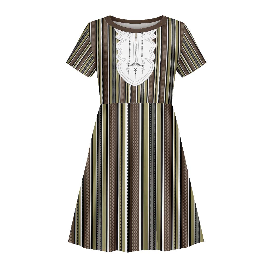 Liberia Kpelle Ethnic Heritage Pattern - Brown Kid Short Sleeve Dress - African Pride