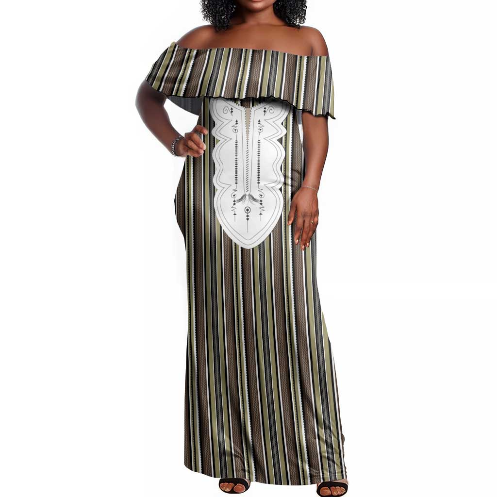 Liberia Kpelle Ethnic Heritage Pattern - Brown Off Shoulder Maxi Dress - African Pride