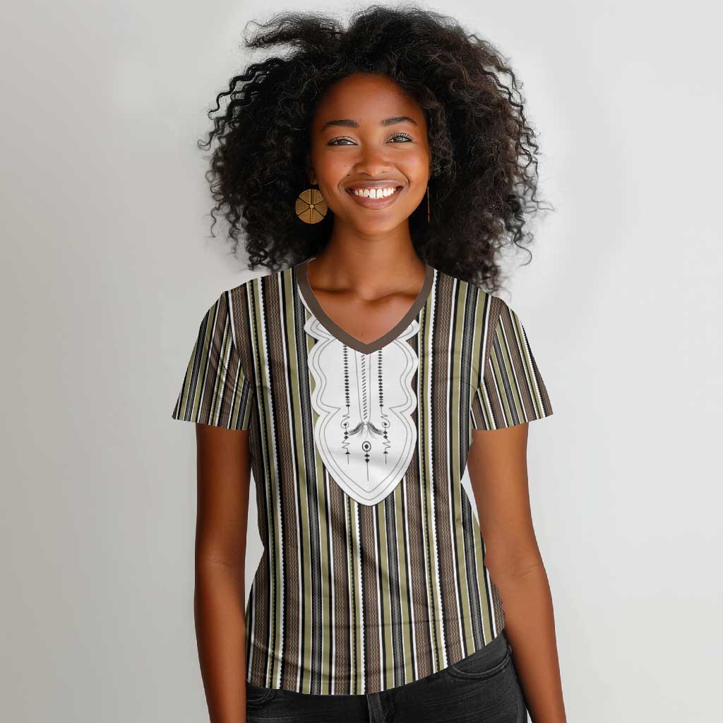 Liberia Kpelle Ethnic Heritage Pattern - Brown Women V-Neck T-Shirt - African Pride