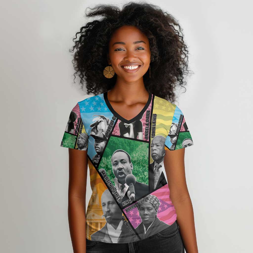 Civil Rights Leader Women V-Neck T-Shirt Black History Tribute - African Pride