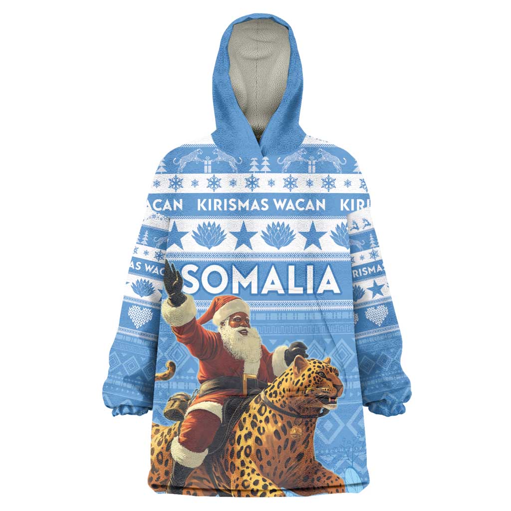 Personalized Afro Somalia Christmas Kid Wearable Blanket Hoodie Black Santa Riding Leopard - African Pattern