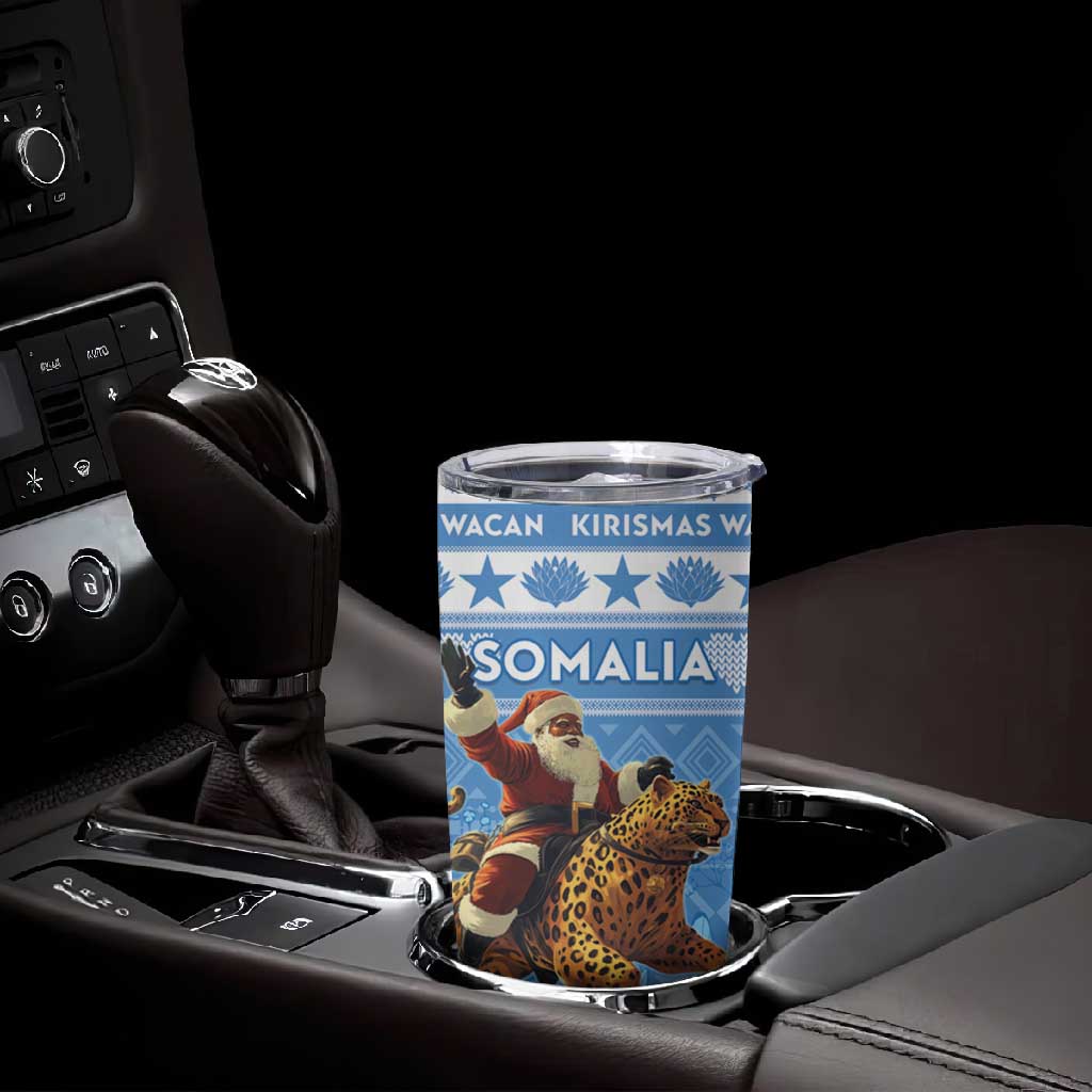 Personalized Afro Somalia Christmas Tumbler Cup Black Santa Riding Leopard - African Pattern