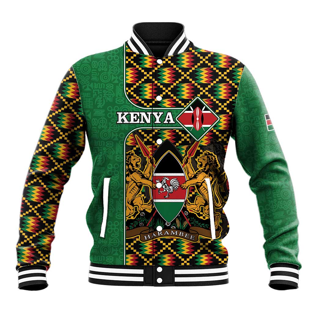 Kenya Baseball Jacket - Kente Pattern, Coat Of Arms Design LT15