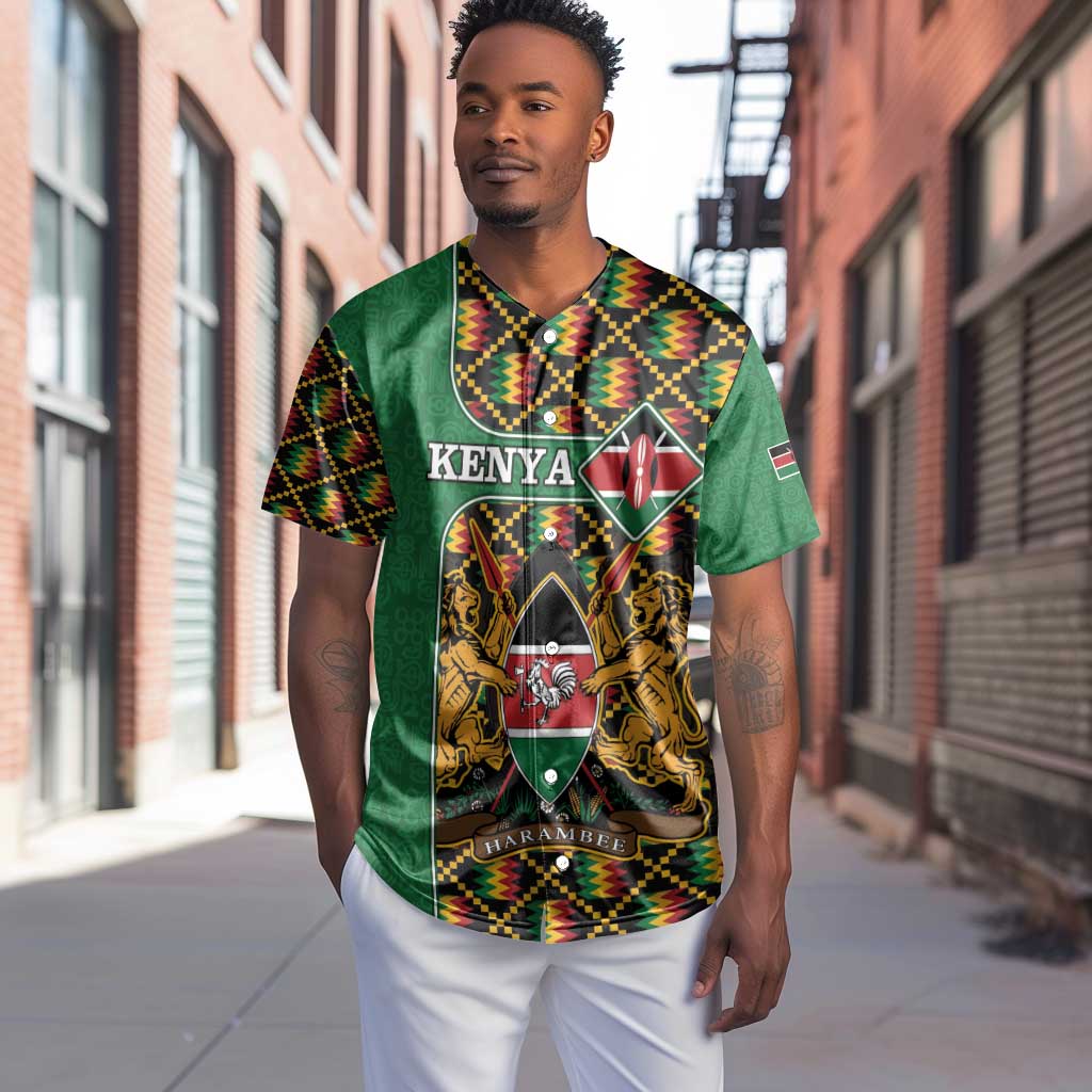 Kenya Baseball Jersey - Kente Pattern, Coat Of Arms Design