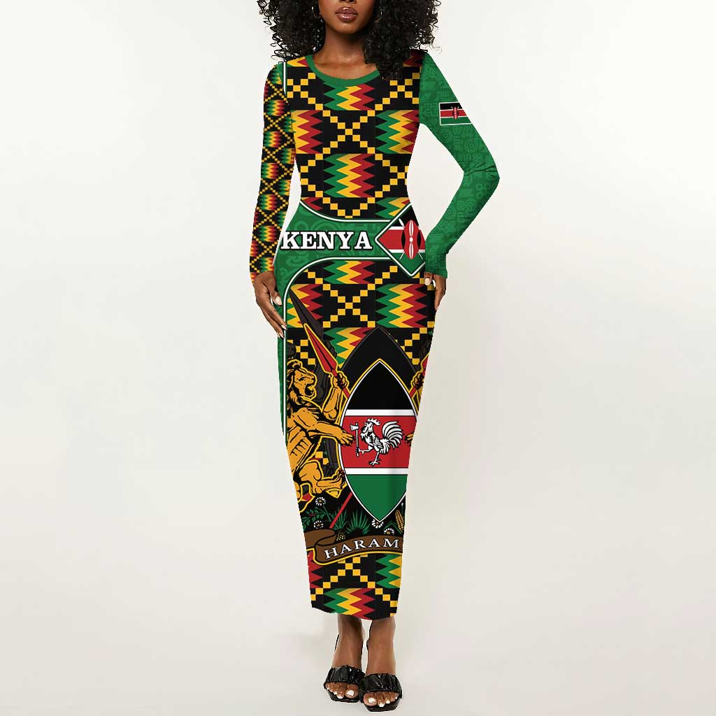 Kenya Long Sleeve Bodycon Dress - Kente Pattern, Coat Of Arms Design by AfricanPride Kenya Long Sleeve Bodycon Dress - Kente Pattern, Coat Of Arms Design by AfricanPride