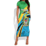 Personalized Tanzania Uhuru Day Short Sleeve Bodycon Dress Coat Of Arms - Sports Style - African Pride