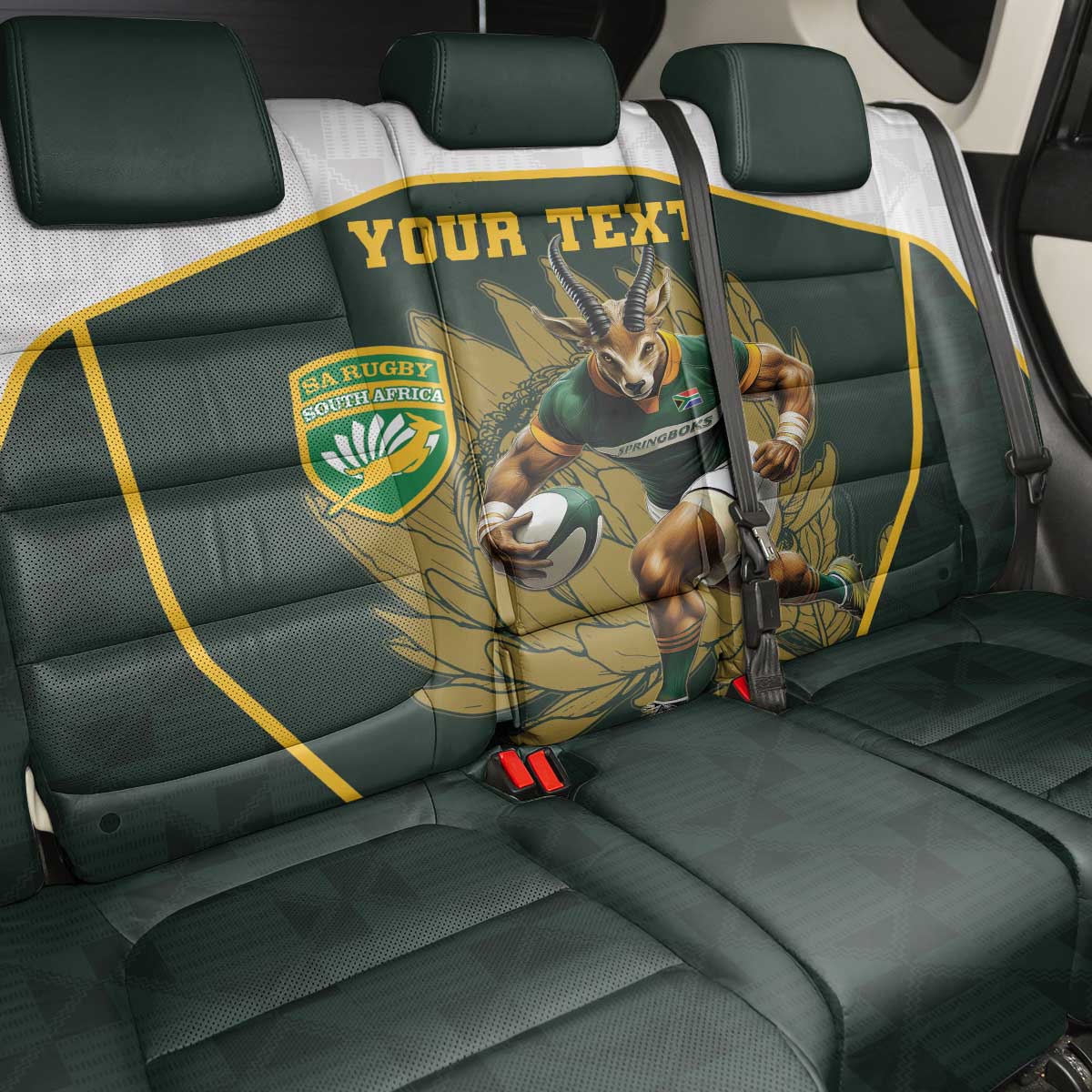 South Africa Rugby Personalised Back Car Seat Cover Springboks Mascot With King Protea -  African Pattern