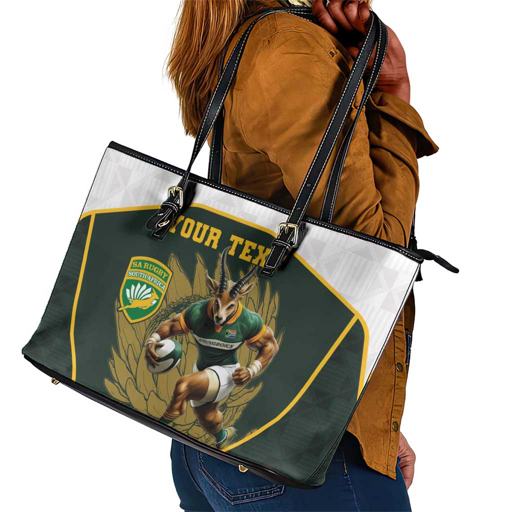 South Africa Rugby Personalised Leather Tote Bag Springboks Mascot With King Protea -  African Pattern