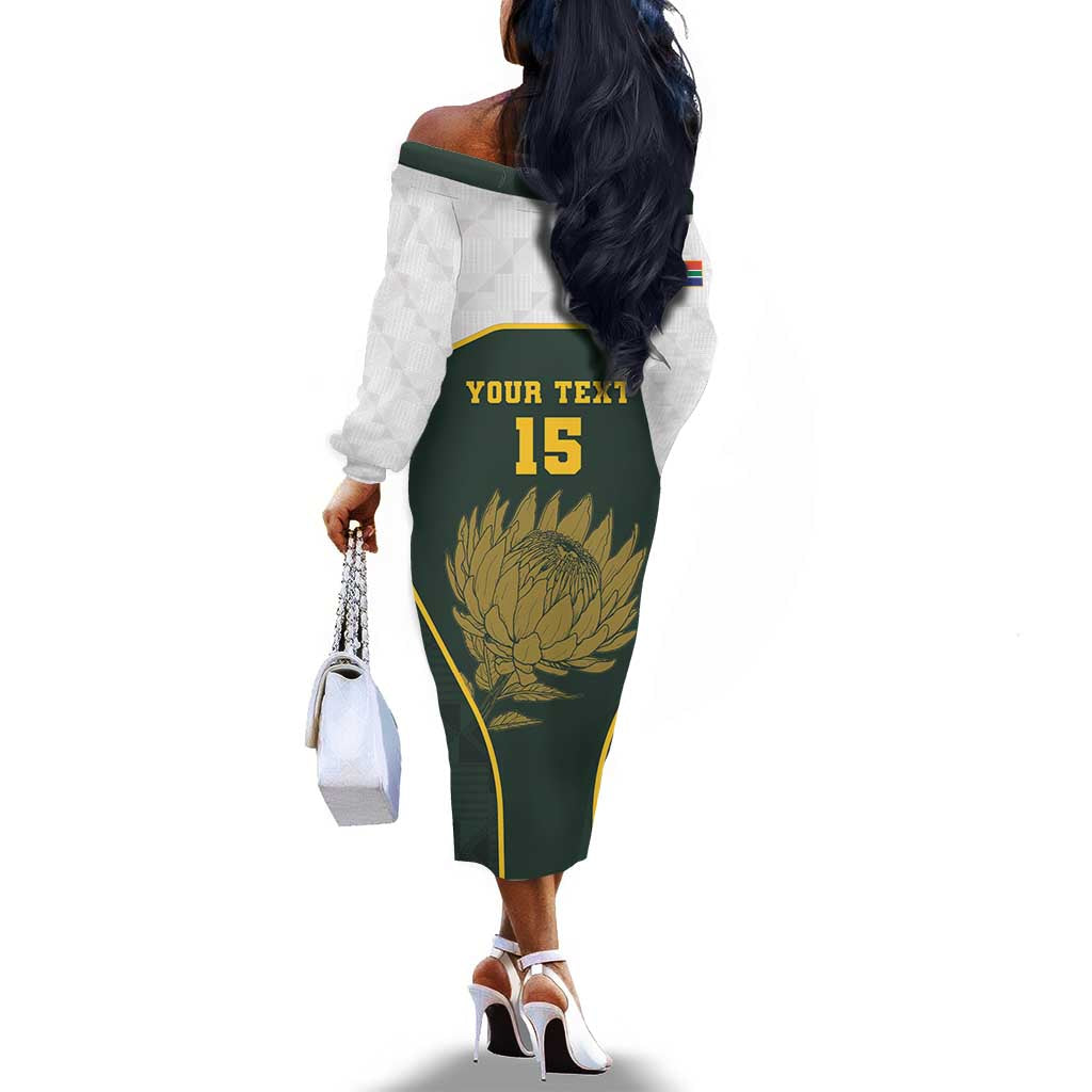 South Africa Rugby Personalised Off The Shoulder Long Sleeve Dress Springboks Mascot With King Protea -  African Pattern