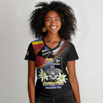 Personalized Eswatini Somhlolo Day Women V-Neck T-Shirt Coat Of Arms With Map - African Pride