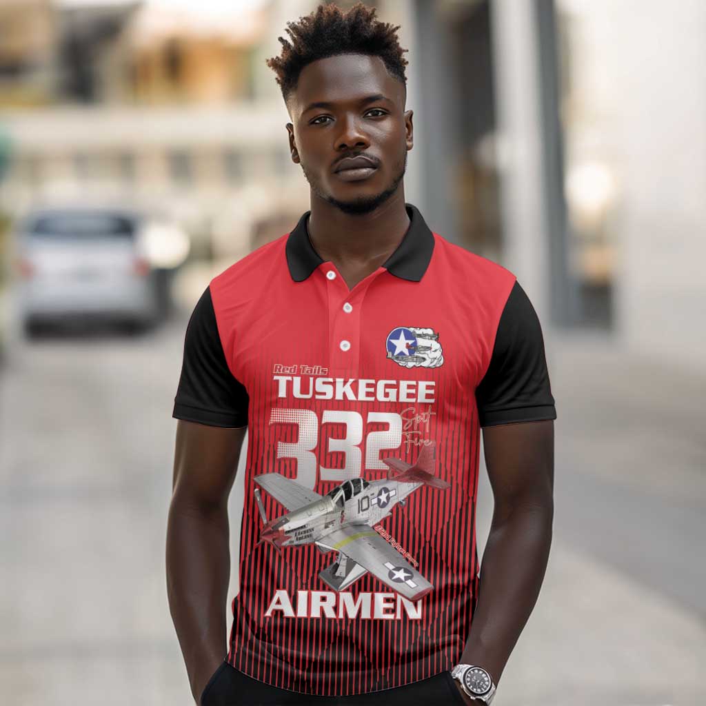 Tuskegee Red Tails Airmen Polo Shirt 332nd Fighter Group - Black Red - African Pride