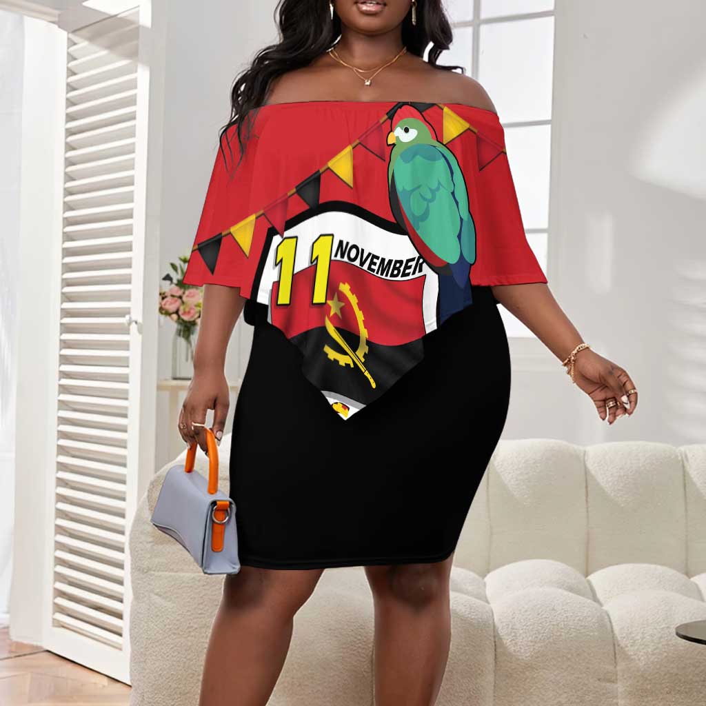Happy Angola Independence Day Off Shoulder Short Dress With Red-crested Turaco - African Pride