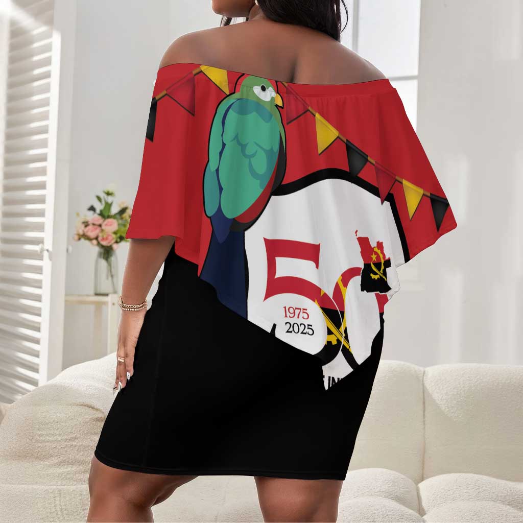 Happy Angola Independence Day Off Shoulder Short Dress With Red-crested Turaco - African Pride