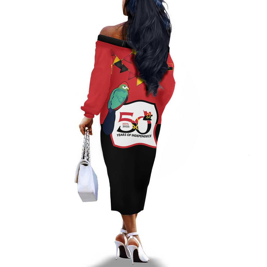 Happy Angola Independence Day Off The Shoulder Long Sleeve Dress With Red-crested Turaco - African Pride